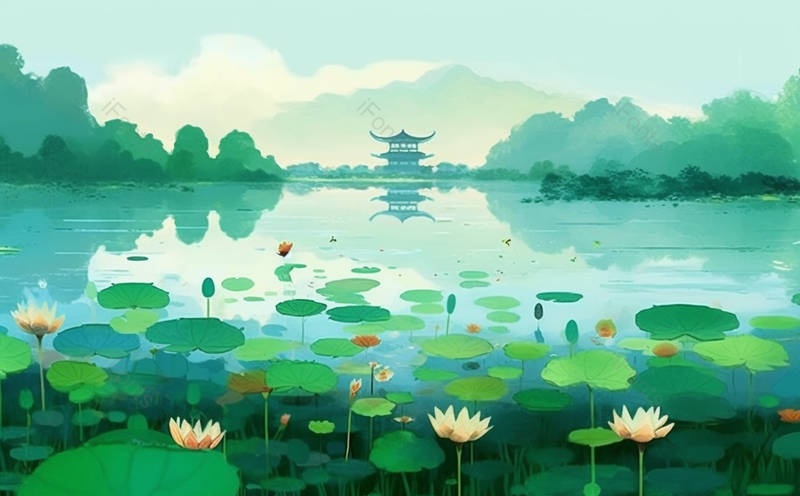 绿色的湖面上悬浮着荷叶与荷花盛开景观设计古典中国风插画背景壁纸,插画/手绘图,插画/手绘图库,插画/手绘图下载,插画/手绘